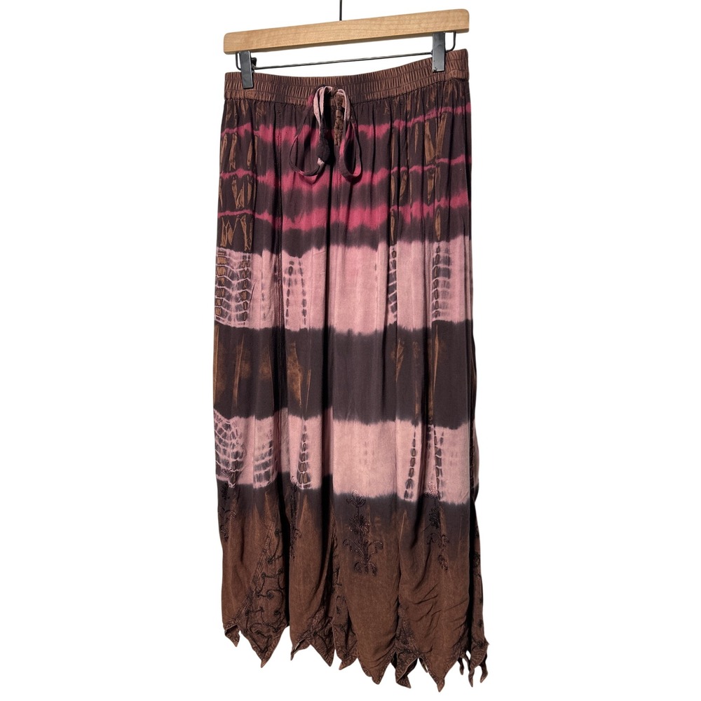 Earthbound Tie Dye Handkerchief Hem Maxi Skirt Floral Embroidery Brown Pink Sz S